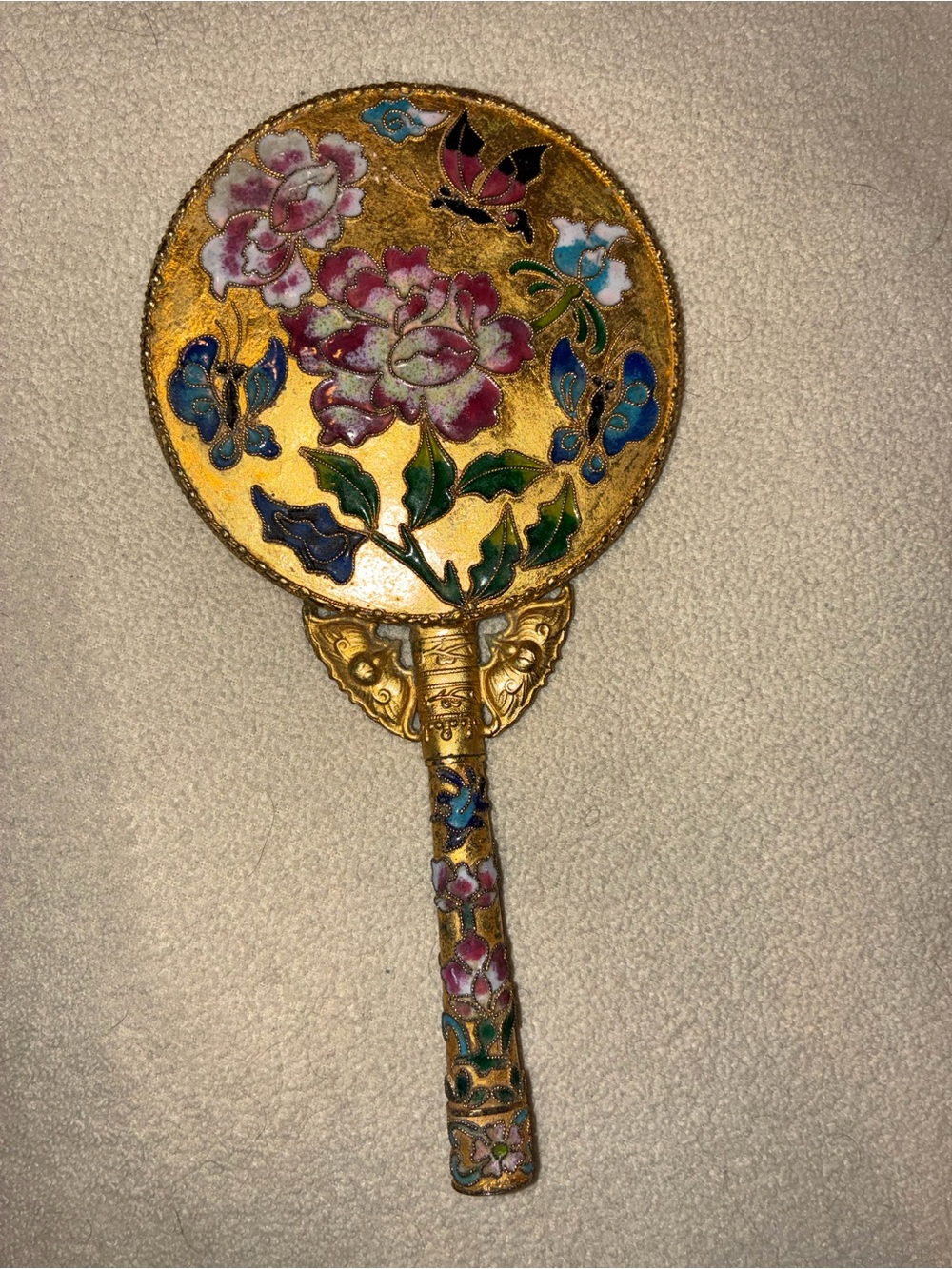 Vintage Floral Cloisonné Hand Mirror - Gold & Pink
